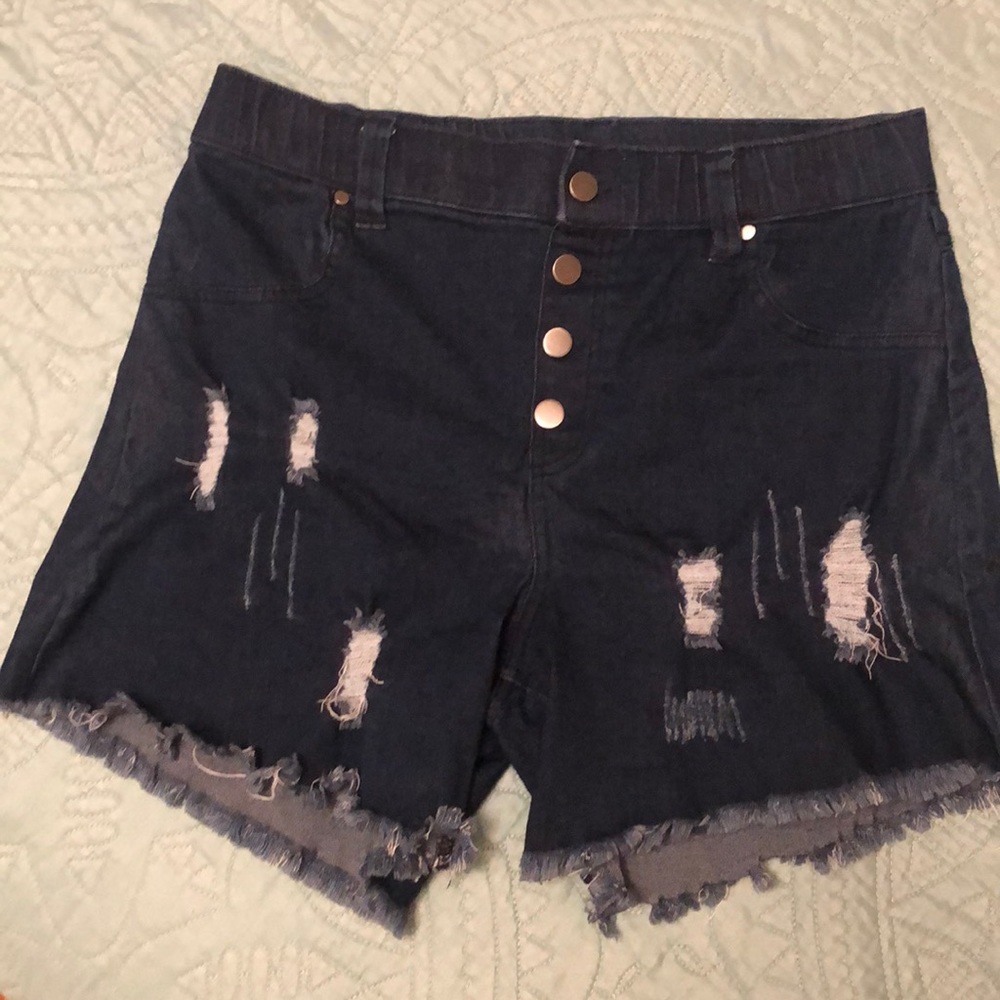 Hue Dark Blue Denim Distressed Shorts Sz M 8/10